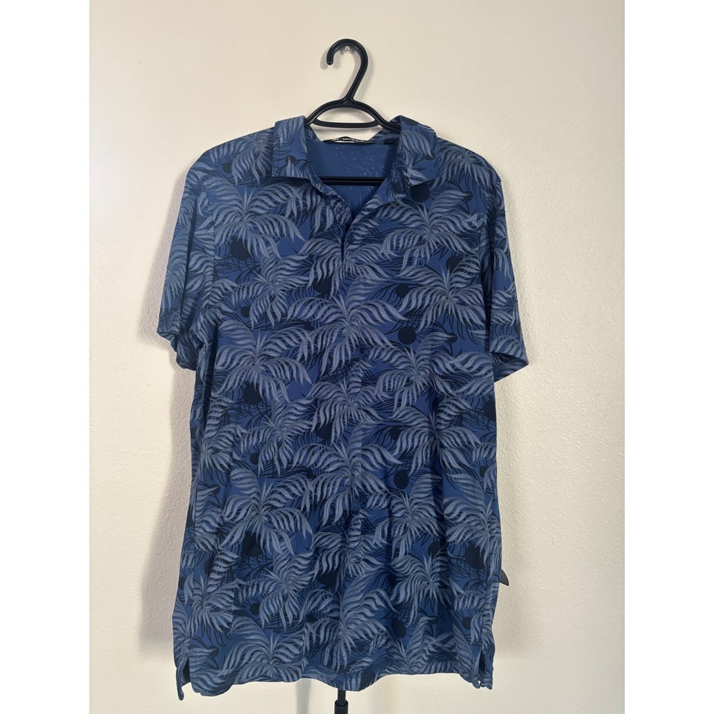 TravisMathew Mens Blue Palm Leaf Tropical Print Golf Polo Shirt Size Large